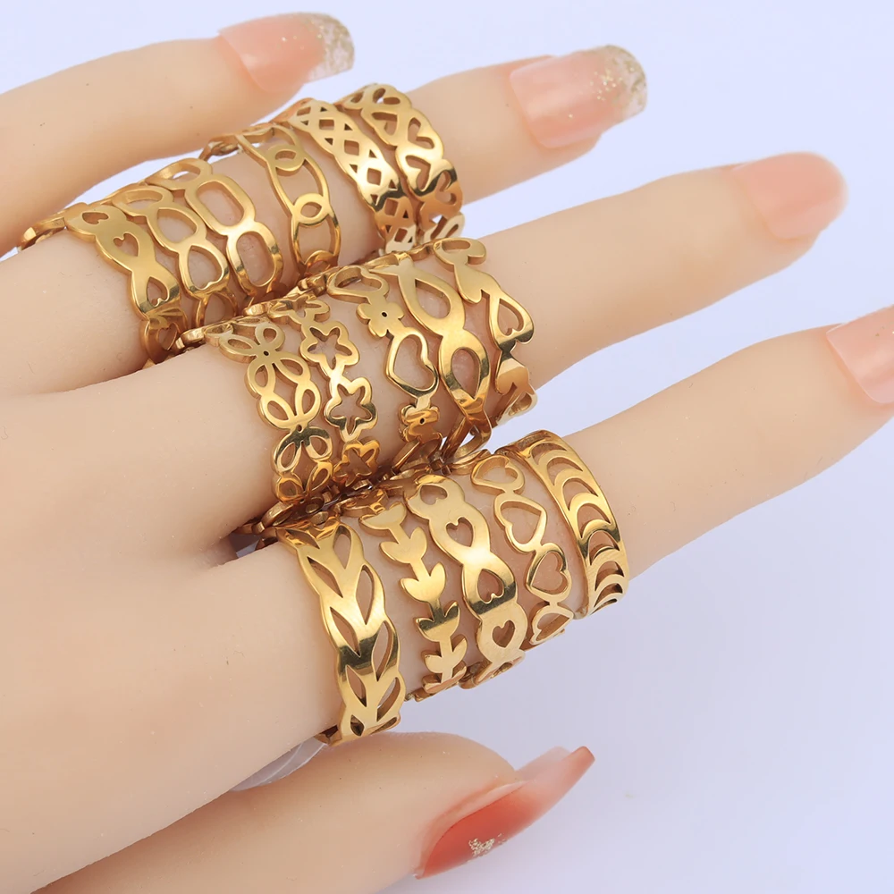 24 Pcs/Lot Stainless Steel Flower Heart Geometric Hollow Rings for Women Creative 2023 New Fashion Madam Jewelry Gift Wholesale