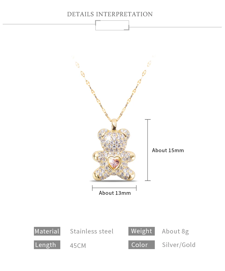 Flash Lovely Bear Pendant Necklaces for Women Golden Titanium Stainless Steel Neck Link Chain female Jewelry Gift