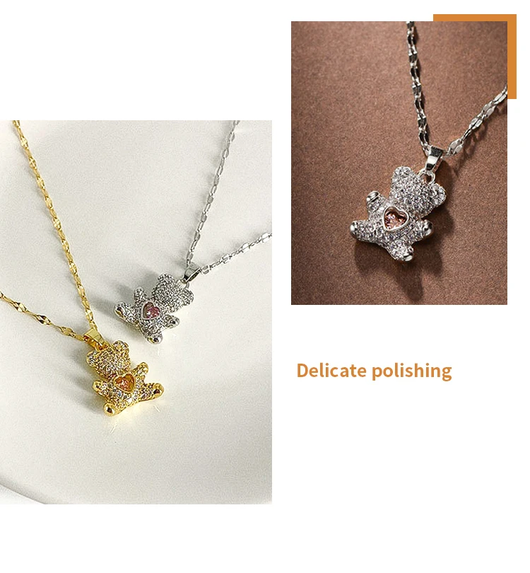 Flash Lovely Bear Pendant Necklaces for Women Golden Titanium Stainless Steel Neck Link Chain female Jewelry Gift