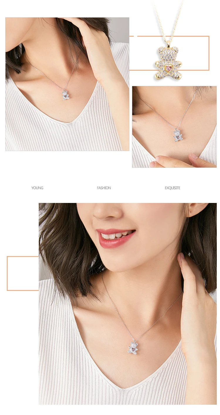 Flash Lovely Bear Pendant Necklaces for Women Golden Titanium Stainless Steel Neck Link Chain female Jewelry Gift