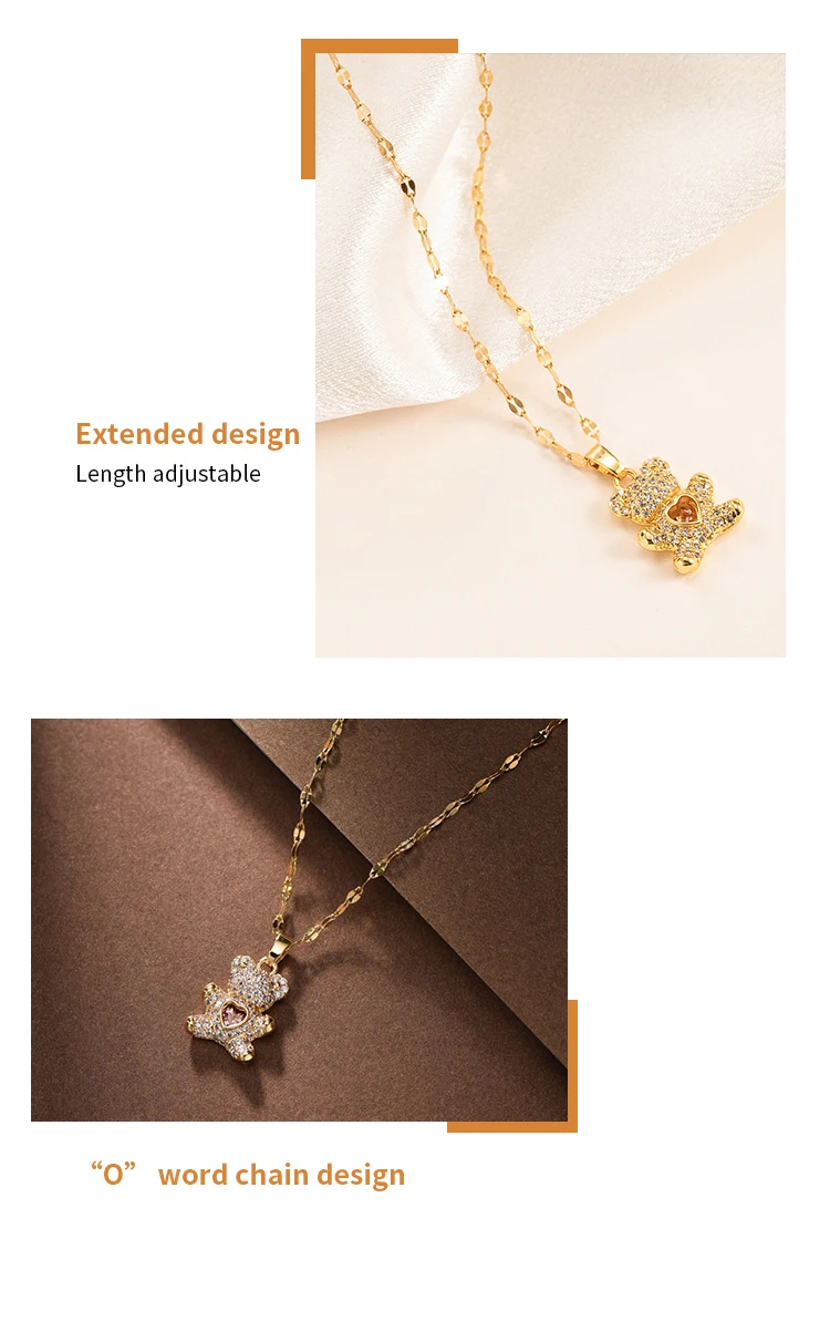 Flash Lovely Bear Pendant Necklaces for Women Golden Titanium Stainless Steel Neck Link Chain female Jewelry Gift