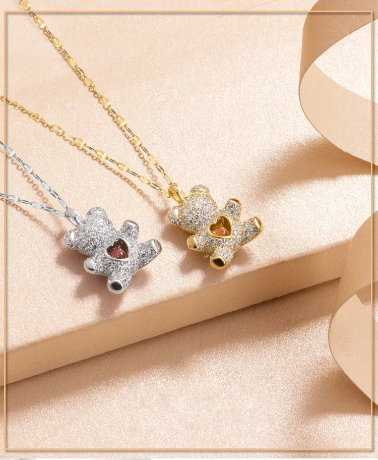 Flash Lovely Bear Pendant Necklaces for Women Golden Titanium Stainless Steel Neck Link Chain female Jewelry Gift
