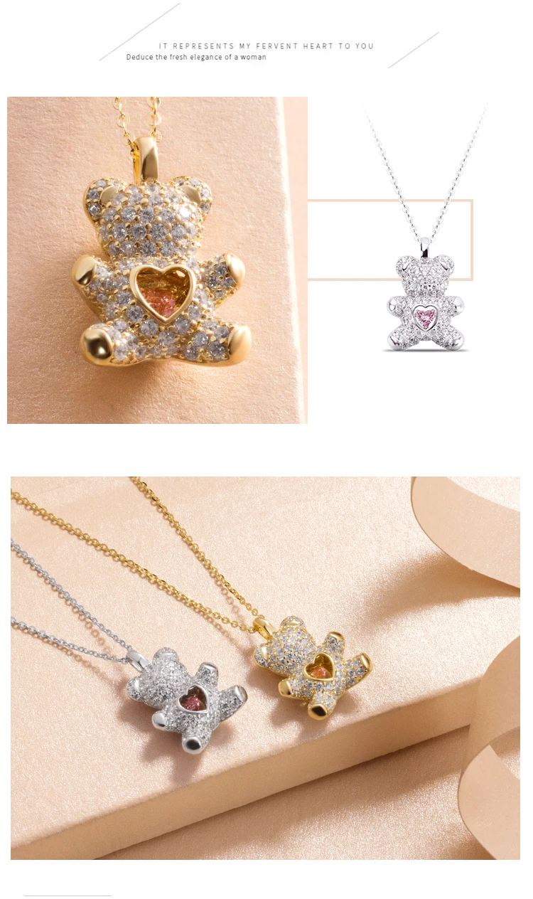 Flash Lovely Bear Pendant Necklaces for Women Golden Titanium Stainless Steel Neck Link Chain female Jewelry Gift