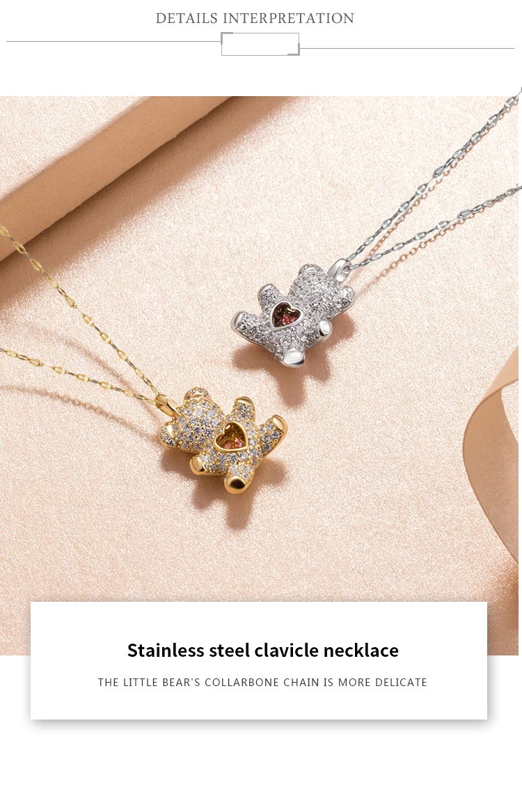 Flash Lovely Bear Pendant Necklaces for Women Golden Titanium Stainless Steel Neck Link Chain female Jewelry Gift