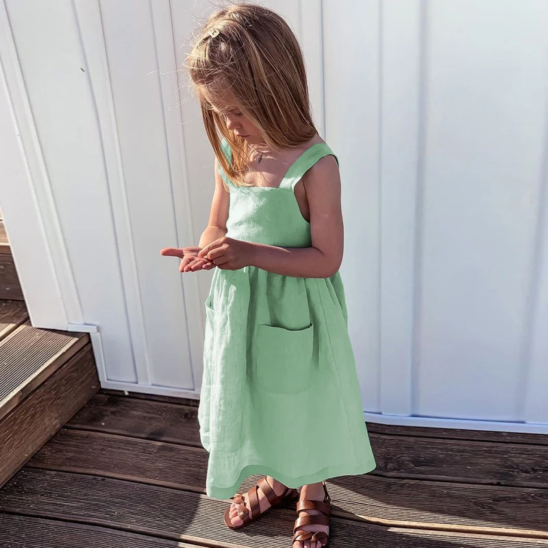 Girls' Cotton And Linen Sleeveless Suspender Dress With Adjustable Shoulder Straps Summer New Casual Pocket Kids Dresses TZ77