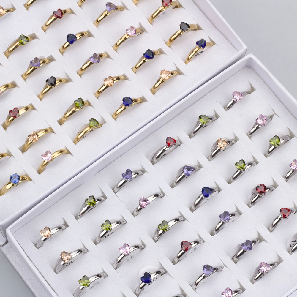 36Pcs/lot Fashion Stainless Steel Zircon Heart Love Rings For Women Mix Style Wedding Engagement Jewelry