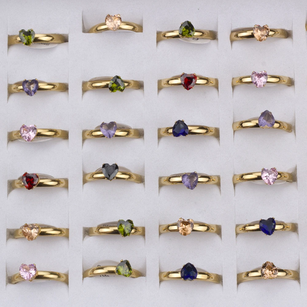 36Pcs/lot Fashion Stainless Steel Zircon Heart Love Rings For Women Mix Style Wedding Engagement Jewelry