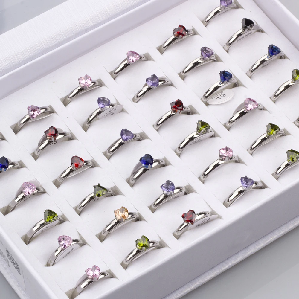 36Pcs/lot Fashion Stainless Steel Zircon Heart Love Rings For Women Mix Style Wedding Engagement Jewelry