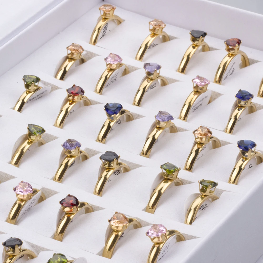 36Pcs/lot Fashion Stainless Steel Zircon Heart Love Rings For Women Mix Style Wedding Engagement Jewelry