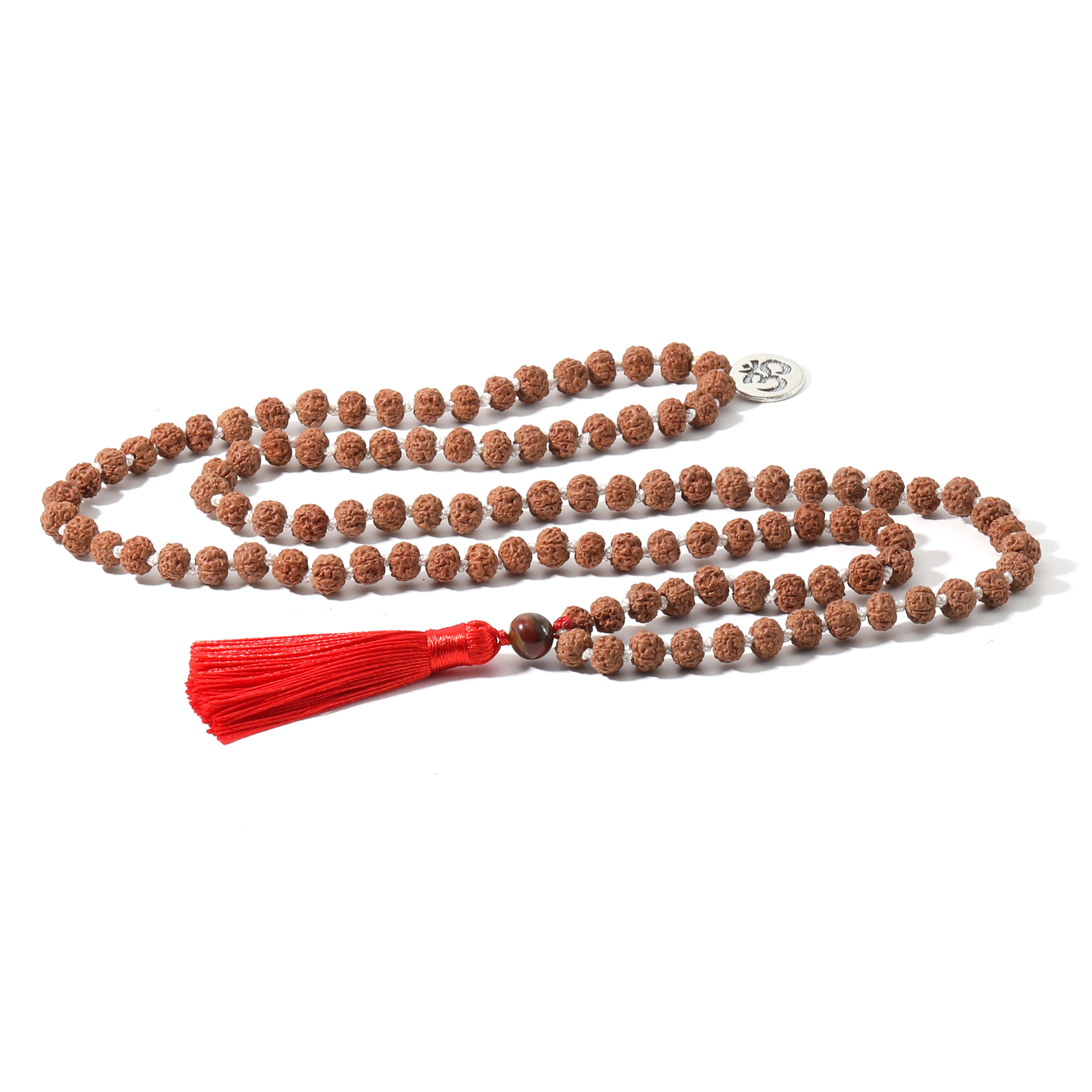 Natural Rudraksha Knotted 108 Mala Bead Necklace Meditation Yoga Declaration Blessing Prayer Red Tassel Pendant Jewelry