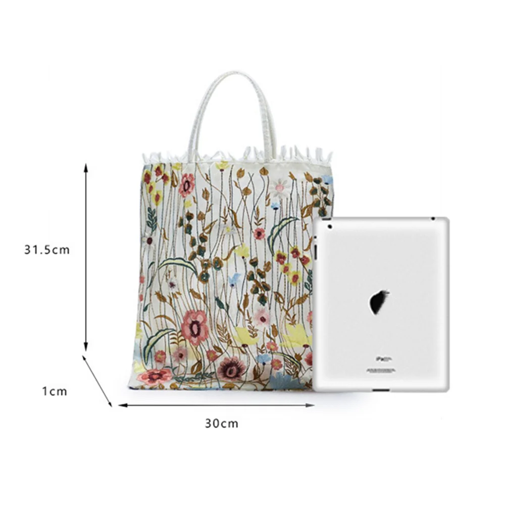 Fashion Tote Bag Summer New Style Mesh Full Embroidery Flowers Clear Shoulder Bag Romantic Handbag Girl Women's Eco Shopping Bag
