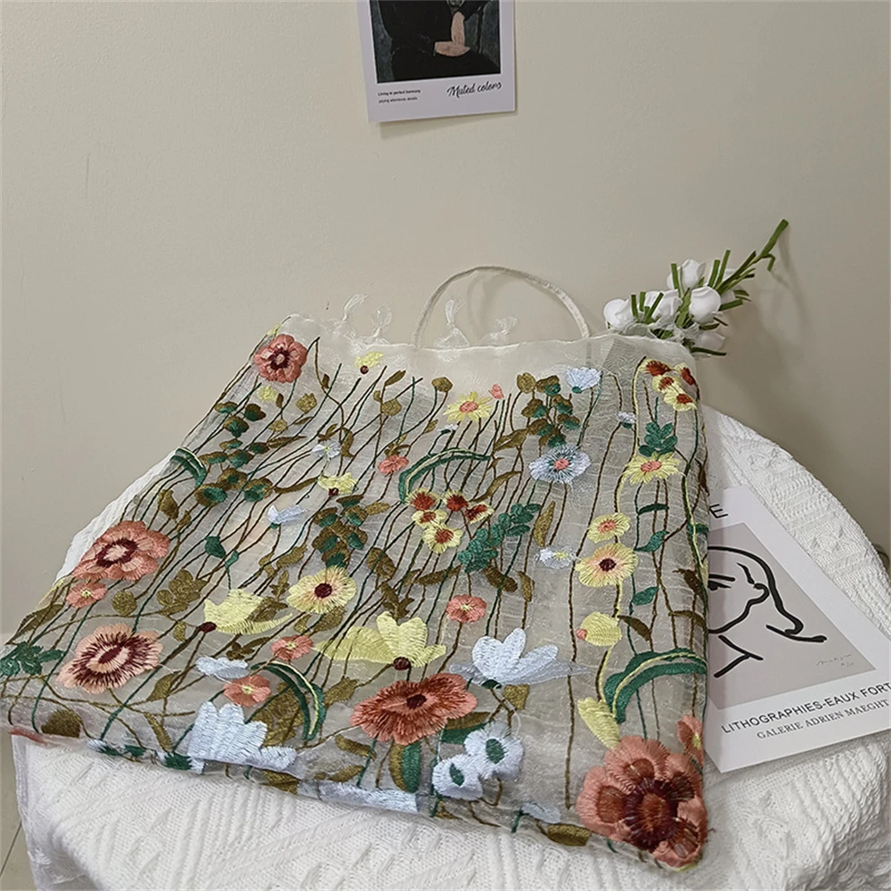 Fashion Tote Bag Summer New Style Mesh Full Embroidery Flowers Clear Shoulder Bag Romantic Handbag Girl Women's Eco Shopping Bag