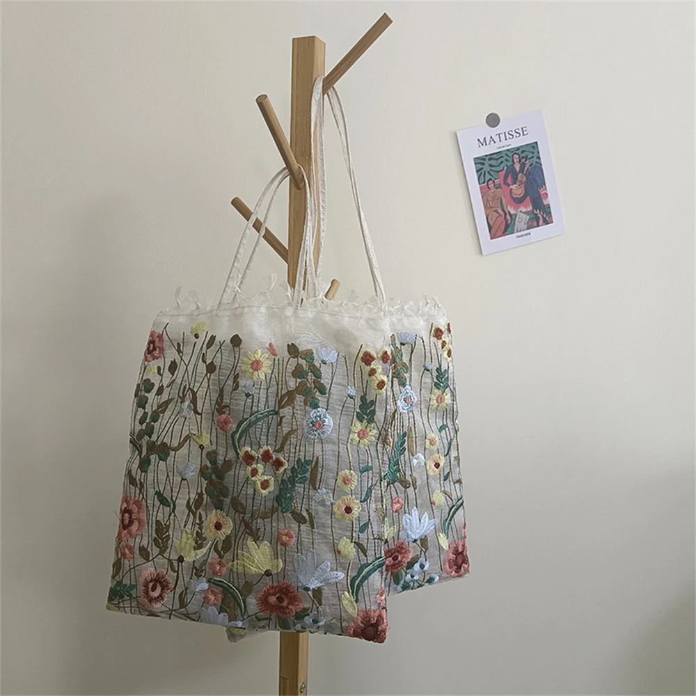 Fashion Tote Bag Summer New Style Mesh Full Embroidery Flowers Clear Shoulder Bag Romantic Handbag Girl Women's Eco Shopping Bag
