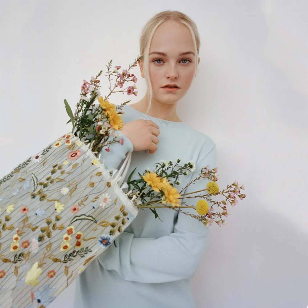 Fashion Tote Bag Summer New Style Mesh Full Embroidery Flowers Clear Shoulder Bag Romantic Handbag Girl Women's Eco Shopping Bag