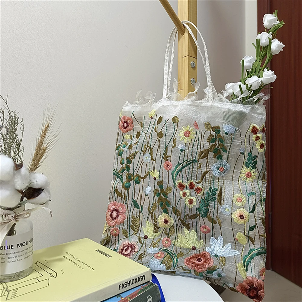 Fashion Tote Bag Summer New Style Mesh Full Embroidery Flowers Clear Shoulder Bag Romantic Handbag Girl Women's Eco Shopping Bag