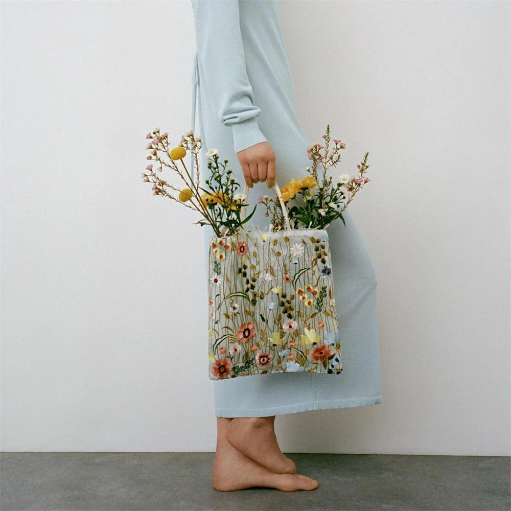 Fashion Tote Bag Summer New Style Mesh Full Embroidery Flowers Clear Shoulder Bag Romantic Handbag Girl Women's Eco Shopping Bag