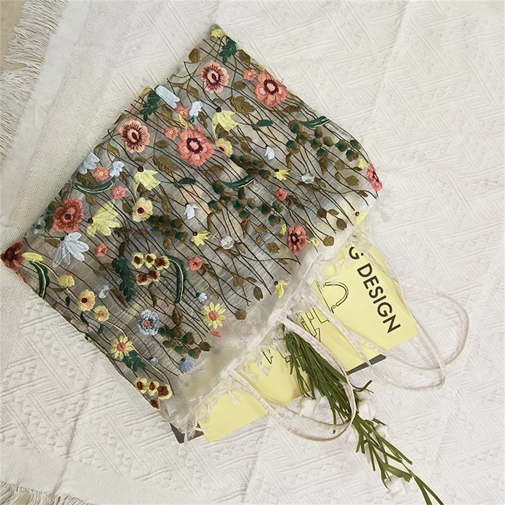 Fashion Tote Bag Summer New Style Mesh Full Embroidery Flowers Clear Shoulder Bag Romantic Handbag Girl Women's Eco Shopping Bag
