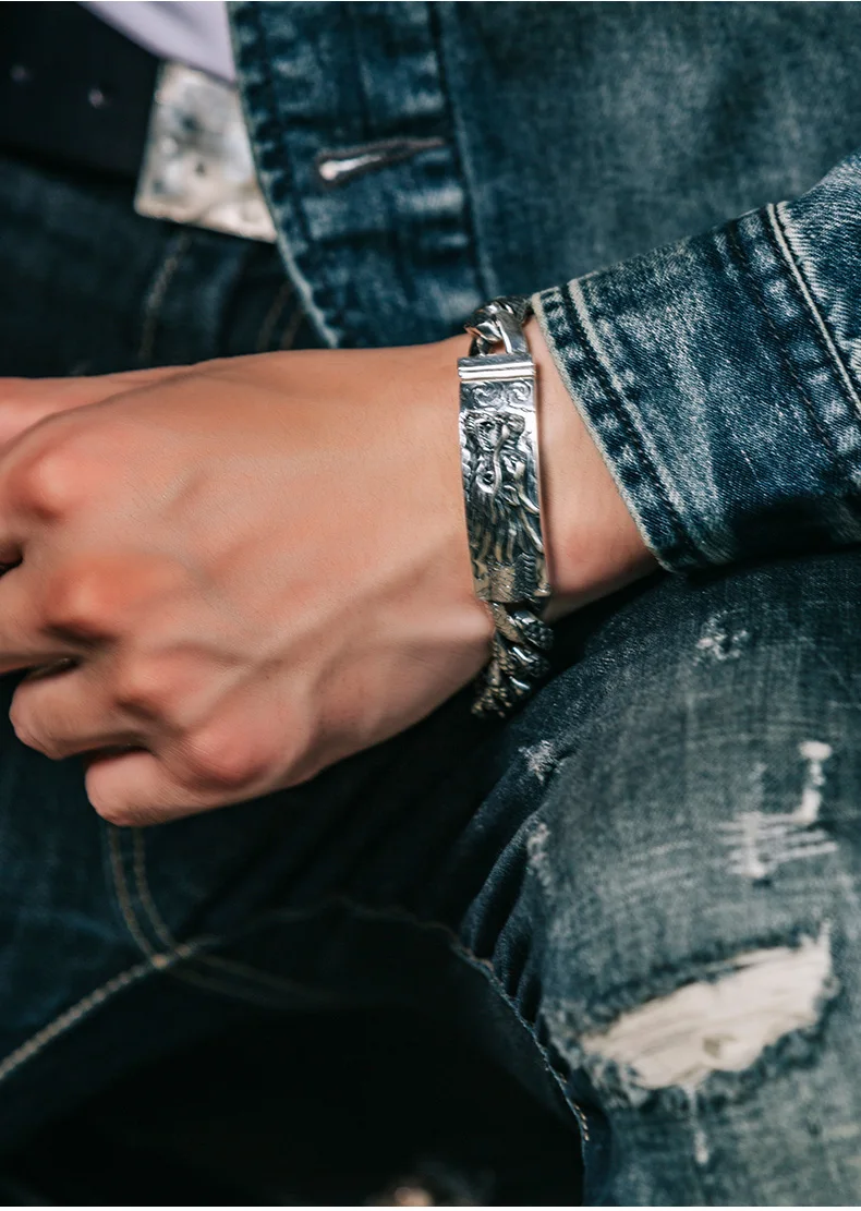HX New Silver Color Handmade Bracelet Male Domineering Dragon Head Fashion Retro Versatile Temperament Versatile Accessories