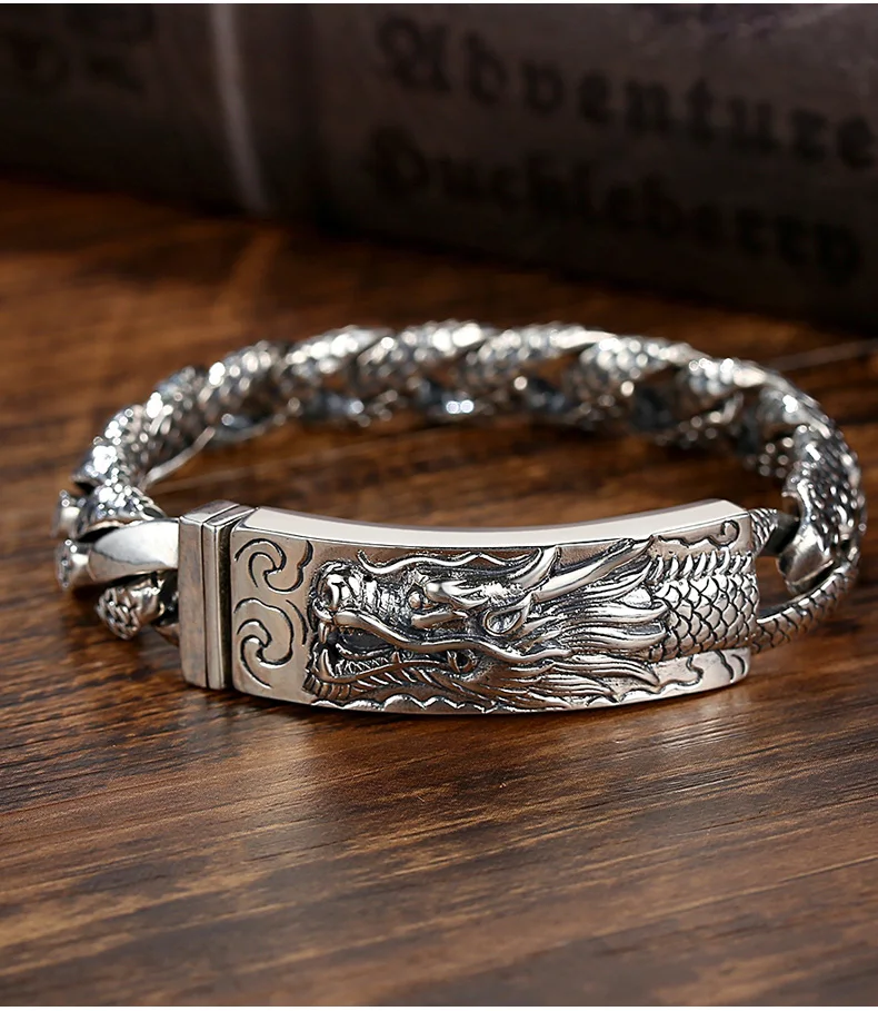 HX New Silver Color Handmade Bracelet Male Domineering Dragon Head Fashion Retro Versatile Temperament Versatile Accessories