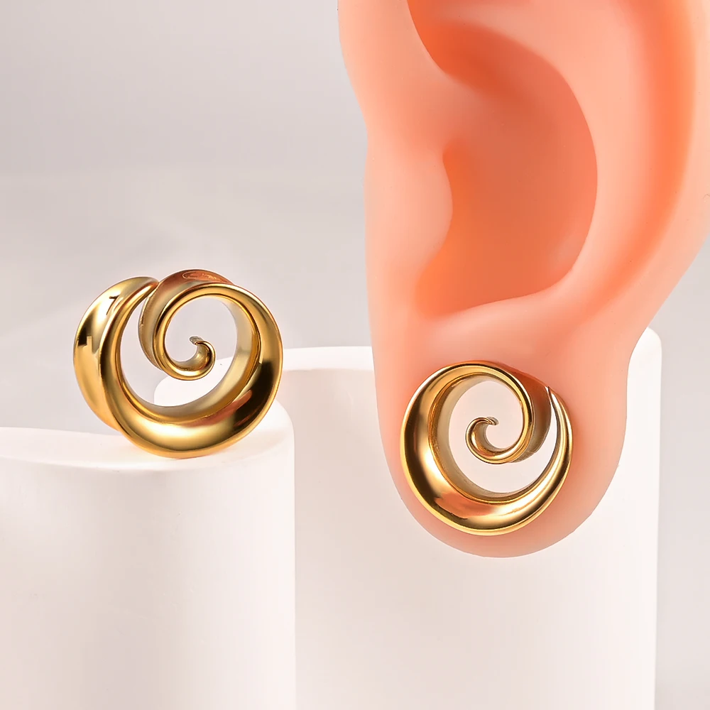 Doearko 2PCS Cool Stainless Steel Ear Tunnels Plugs Spiral Saddle Gauges For Earlobe Expander Piercing Body Jewelry Gift
