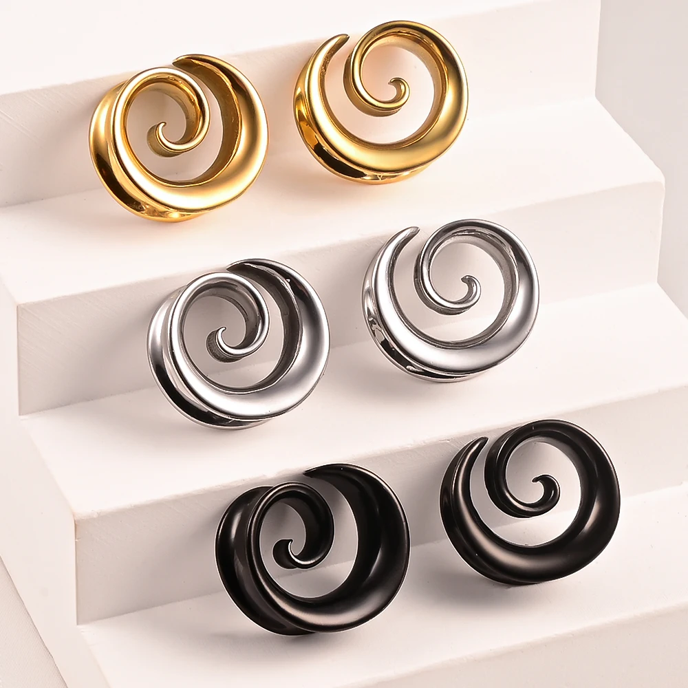 Doearko 2PCS Cool Stainless Steel Ear Tunnels Plugs Spiral Saddle Gauges For Earlobe Expander Piercing Body Jewelry Gift