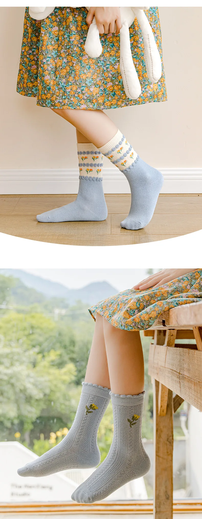 5 Pairs Kids' Floral Crew Socks Toddler Girls Socks Spring Autumn Flower Embroidery Breathable Kids Socks