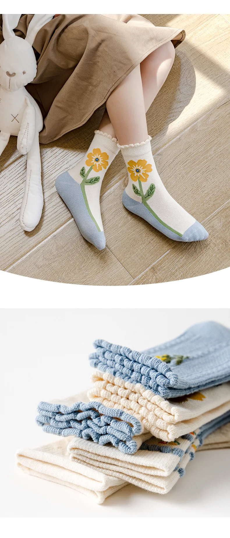5 Pairs Kids' Floral Crew Socks Toddler Girls Socks Spring Autumn Flower Embroidery Breathable Kids Socks