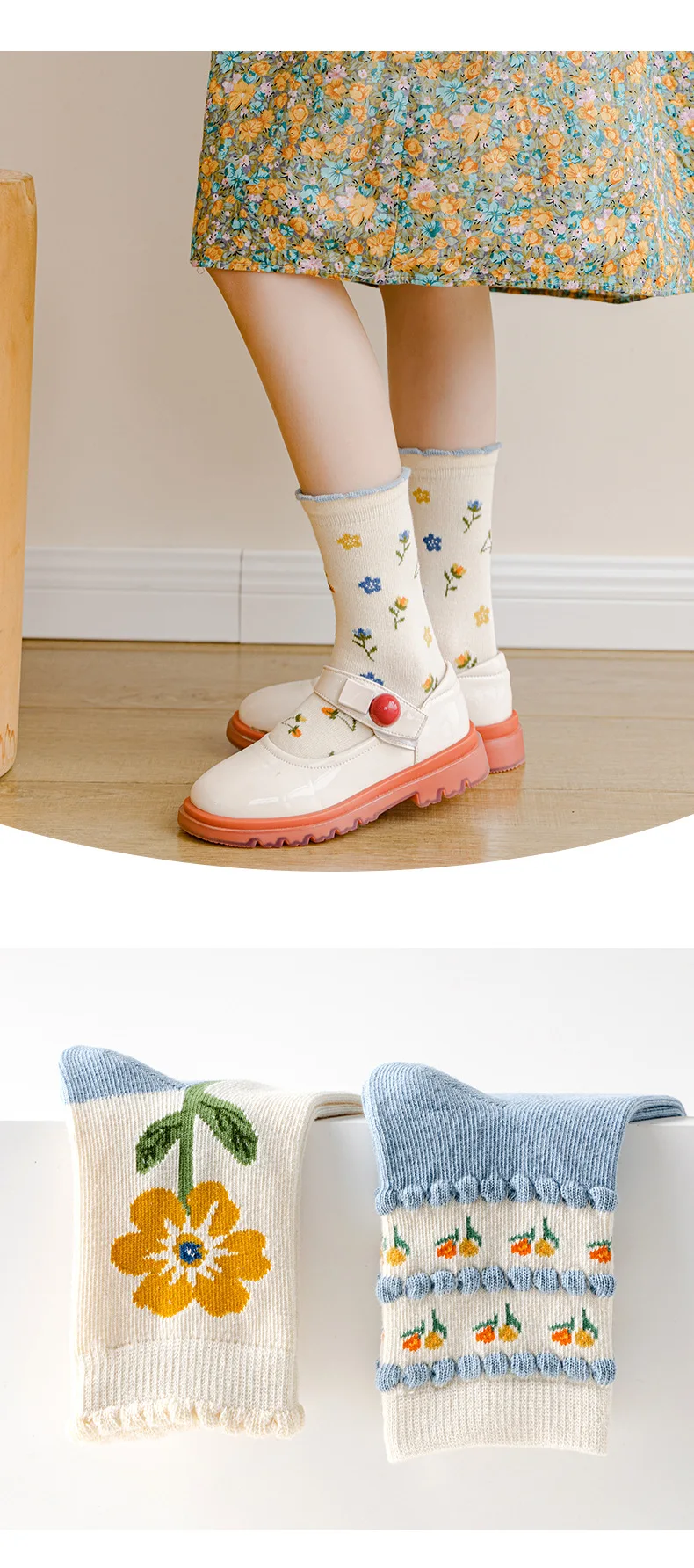 5 Pairs Kids' Floral Crew Socks Toddler Girls Socks Spring Autumn Flower Embroidery Breathable Kids Socks