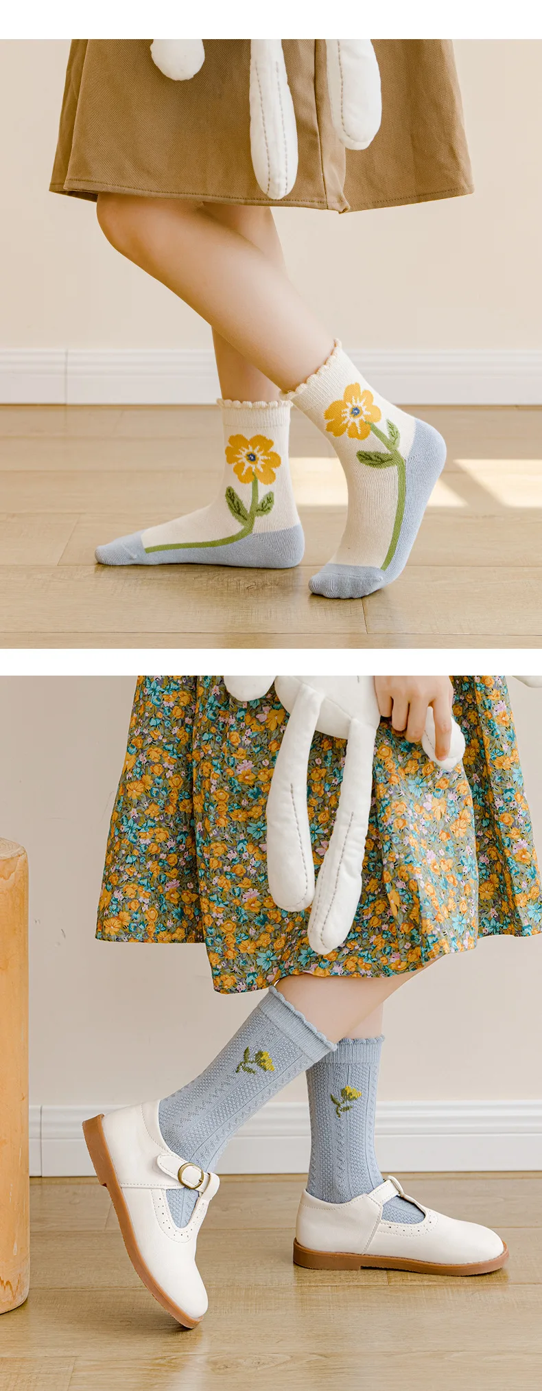 5 Pairs Kids' Floral Crew Socks Toddler Girls Socks Spring Autumn Flower Embroidery Breathable Kids Socks
