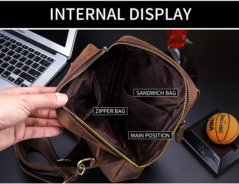BULLCAPTAIN Men's Crossbody Bags Crazy Horse Leather Chest Bag's Leather Crossbody Bages Retro Men's Zip Pocket Short Travel Bag