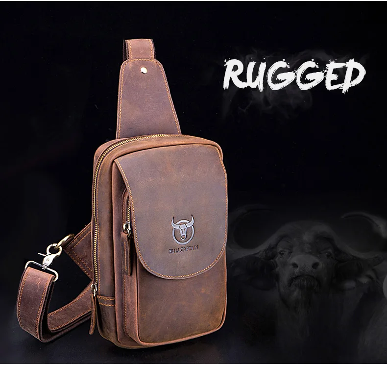 BULLCAPTAIN Men's Crossbody Bags Crazy Horse Leather Chest Bag's Leather Crossbody Bages Retro Men's Zip Pocket Short Travel Bag