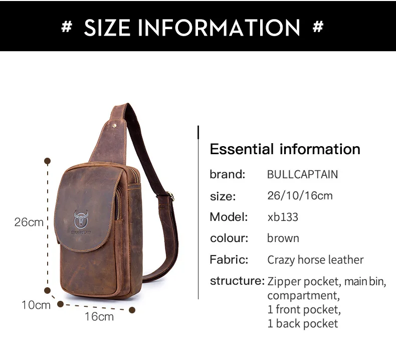 BULLCAPTAIN Men's Crossbody Bags Crazy Horse Leather Chest Bag's Leather Crossbody Bages Retro Men's Zip Pocket Short Travel Bag
