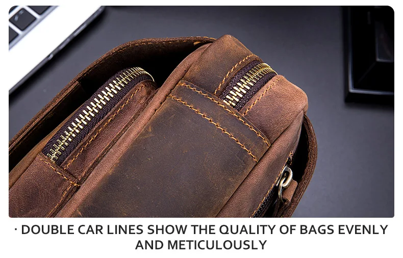 BULLCAPTAIN Men's Crossbody Bags Crazy Horse Leather Chest Bag's Leather Crossbody Bages Retro Men's Zip Pocket Short Travel Bag