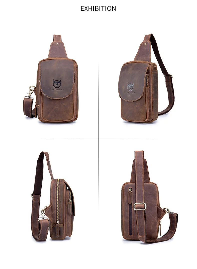 BULLCAPTAIN Men's Crossbody Bags Crazy Horse Leather Chest Bag's Leather Crossbody Bages Retro Men's Zip Pocket Short Travel Bag