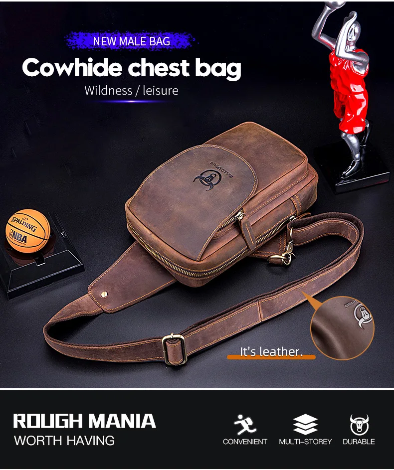 BULLCAPTAIN Men's Crossbody Bags Crazy Horse Leather Chest Bag's Leather Crossbody Bages Retro Men's Zip Pocket Short Travel Bag