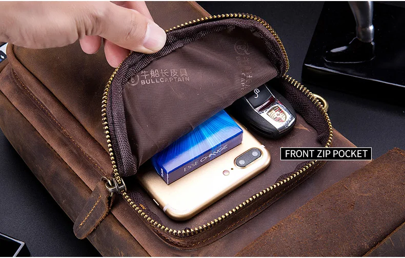 BULLCAPTAIN Men's Crossbody Bags Crazy Horse Leather Chest Bag's Leather Crossbody Bages Retro Men's Zip Pocket Short Travel Bag
