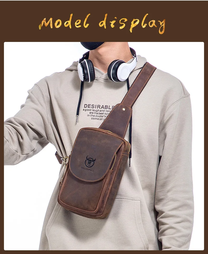 BULLCAPTAIN Men's Crossbody Bags Crazy Horse Leather Chest Bag's Leather Crossbody Bages Retro Men's Zip Pocket Short Travel Bag