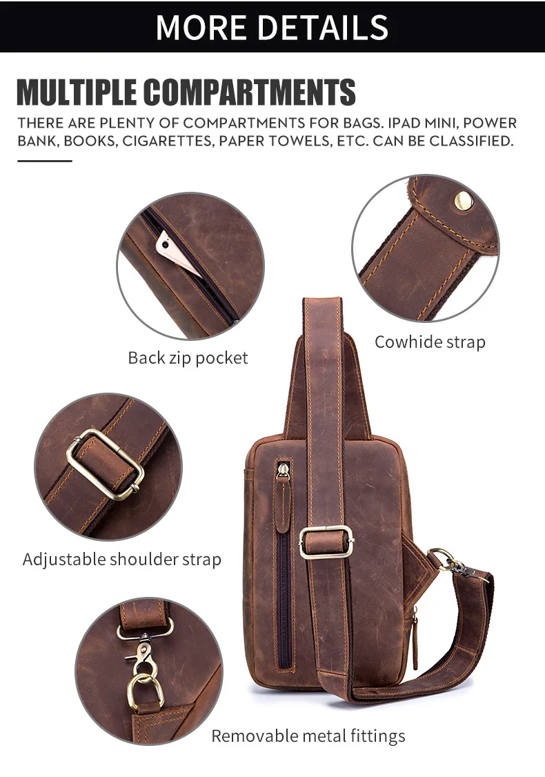 BULLCAPTAIN Men's Crossbody Bags Crazy Horse Leather Chest Bag's Leather Crossbody Bages Retro Men's Zip Pocket Short Travel Bag