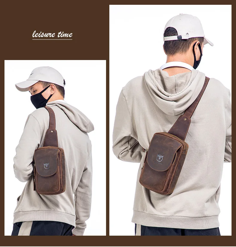BULLCAPTAIN Men's Crossbody Bags Crazy Horse Leather Chest Bag's Leather Crossbody Bages Retro Men's Zip Pocket Short Travel Bag
