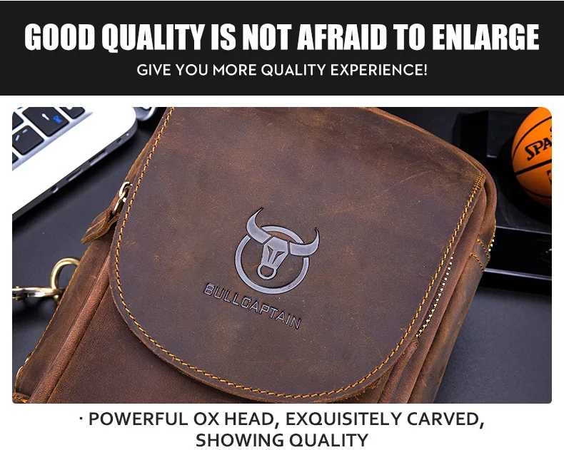 BULLCAPTAIN Men's Crossbody Bags Crazy Horse Leather Chest Bag's Leather Crossbody Bages Retro Men's Zip Pocket Short Travel Bag