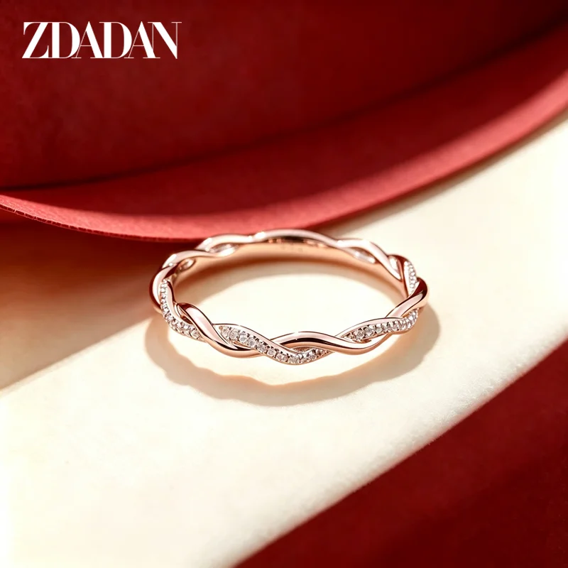 ZDADAN 925 Sterling Silver 18K Gold Twisted Zircon Rings For Women Fashion Wedding Jewelry