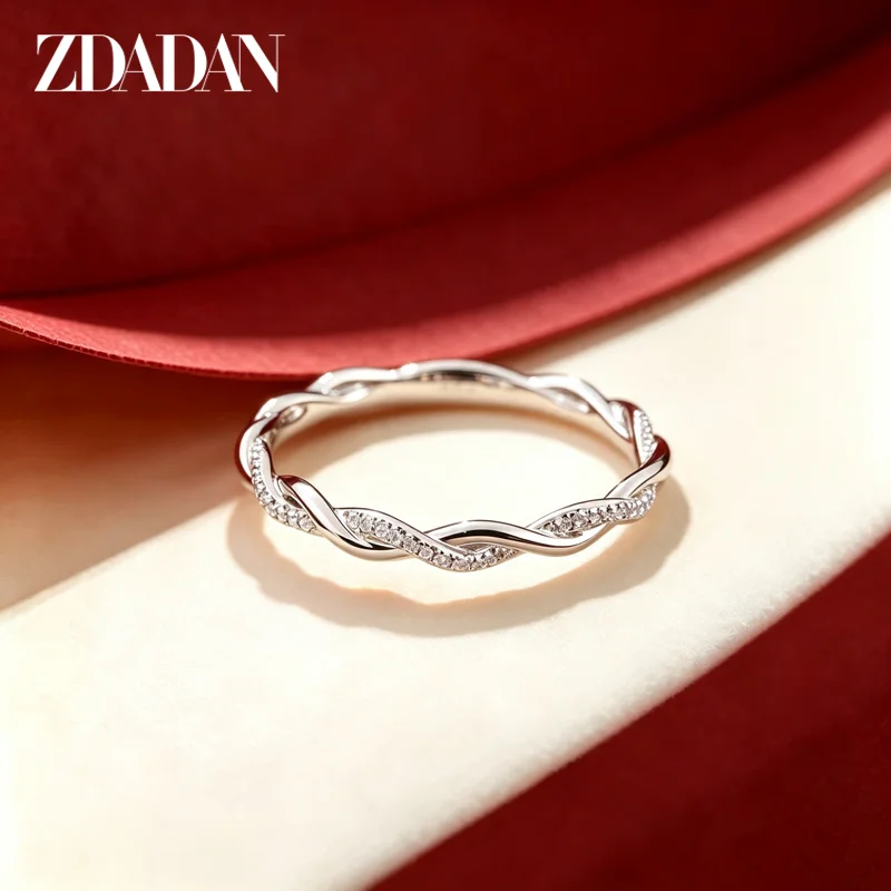 ZDADAN 925 Sterling Silver 18K Gold Twisted Zircon Rings For Women Fashion Wedding Jewelry