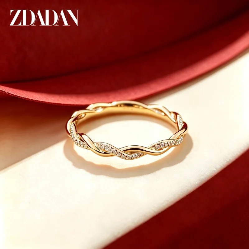 ZDADAN 925 Sterling Silver 18K Gold Twisted Zircon Rings For Women Fashion Wedding Jewelry