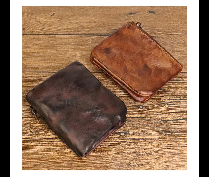 Vintage Style Men Genuine Leather Coin Purse Wallet Men with Coin Pocket Short Wallets Small Zipper Youth Purse with Card Holder