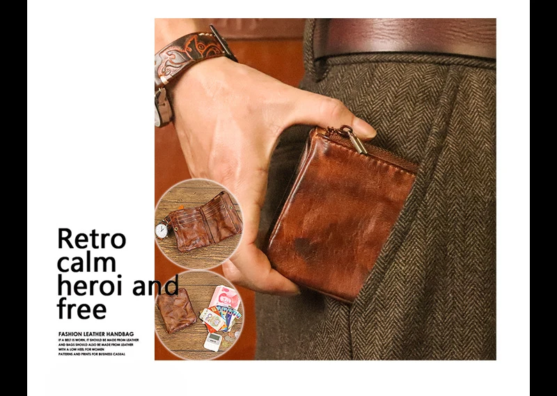 Vintage Style Men Genuine Leather Coin Purse Wallet Men with Coin Pocket Short Wallets Small Zipper Youth Purse with Card Holder