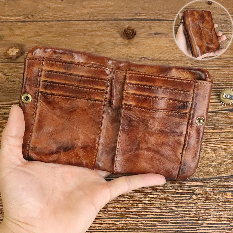 Vintage Style Men Genuine Leather Coin Purse Wallet Men with Coin Pocket Short Wallets Small Zipper Youth Purse with Card Holder
