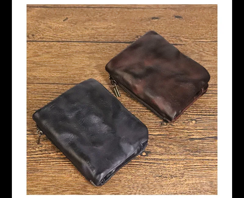 Vintage Style Men Genuine Leather Coin Purse Wallet Men with Coin Pocket Short Wallets Small Zipper Youth Purse with Card Holder