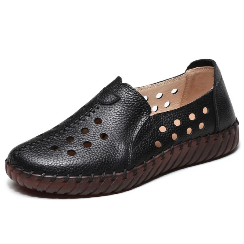 Real Leather Cutout Sandals Ladies White Ballet Flats Woman Slip On Loafer Women's Hospital Comfy Nurse Shoes Mother Flat Sandal