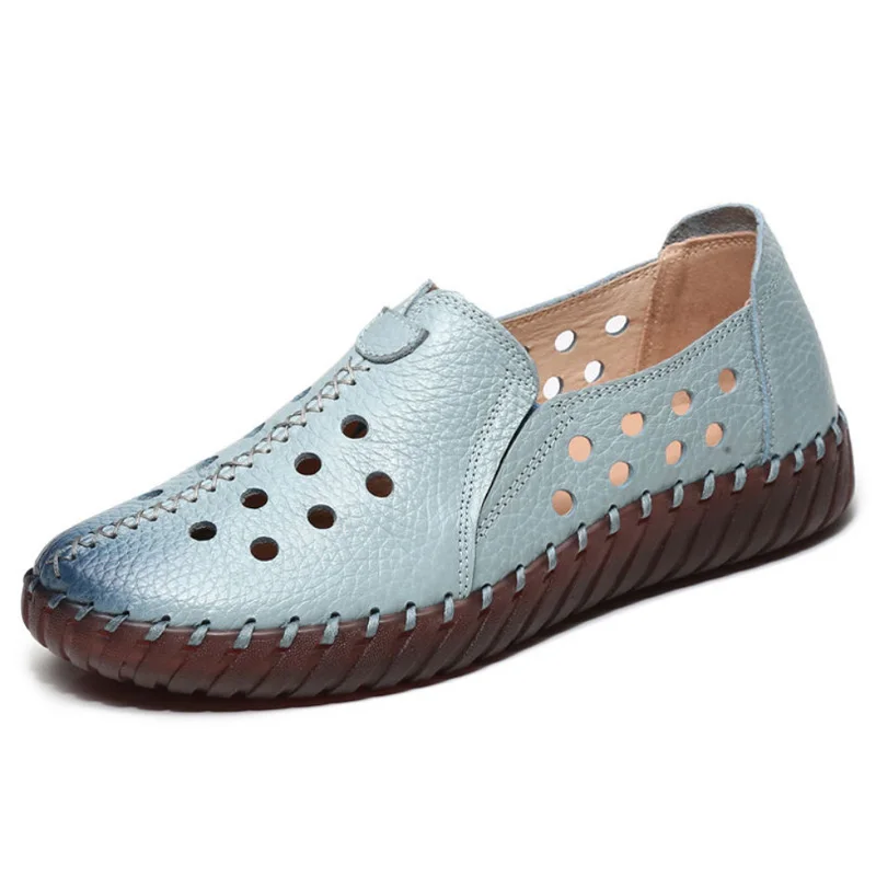 Real Leather Cutout Sandals Ladies White Ballet Flats Woman Slip On Loafer Women's Hospital Comfy Nurse Shoes Mother Flat Sandal