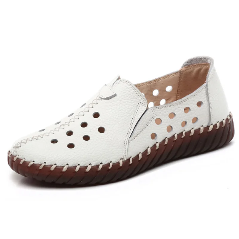 Real Leather Cutout Sandals Ladies White Ballet Flats Woman Slip On Loafer Women's Hospital Comfy Nurse Shoes Mother Flat Sandal
